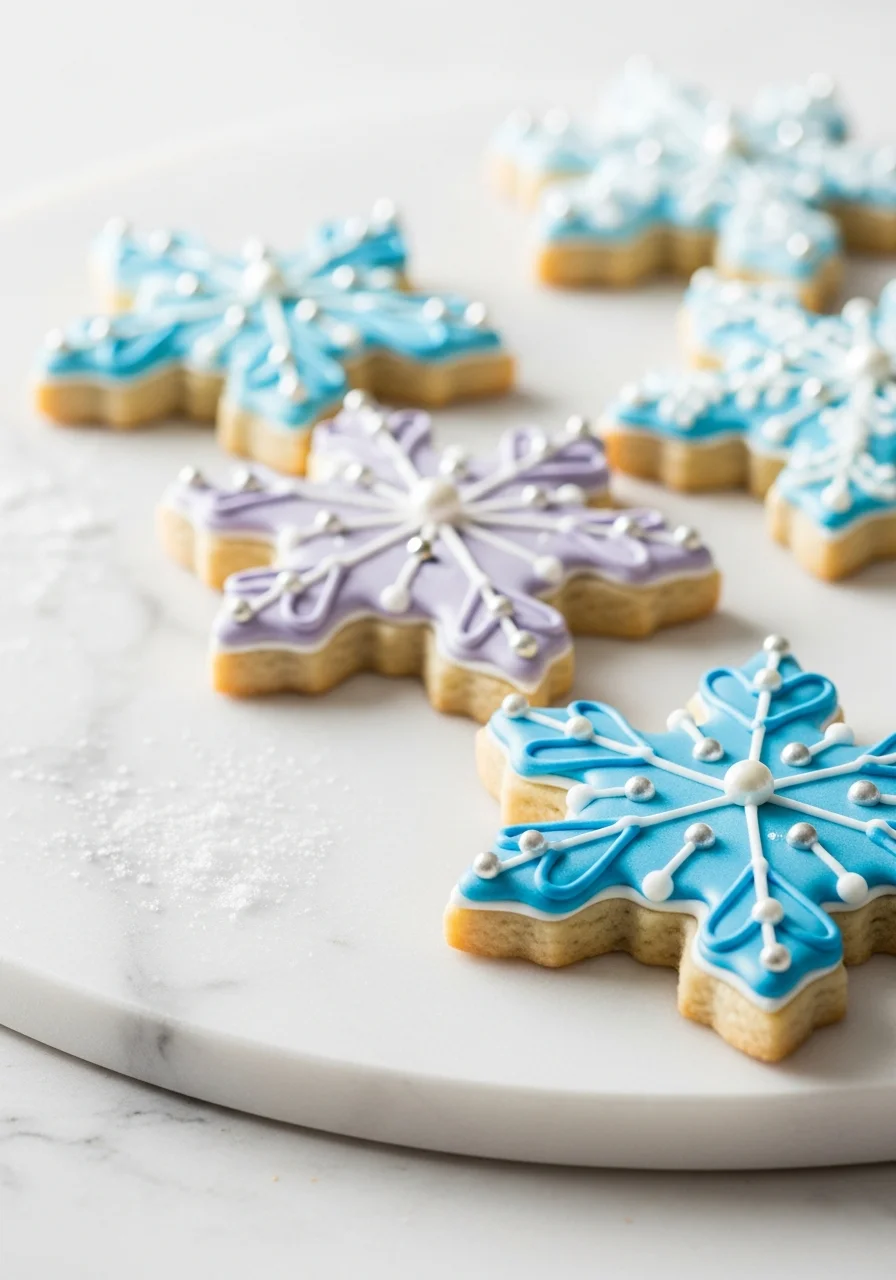 Snowflake-shaped cookies with white icing and silver pearls.