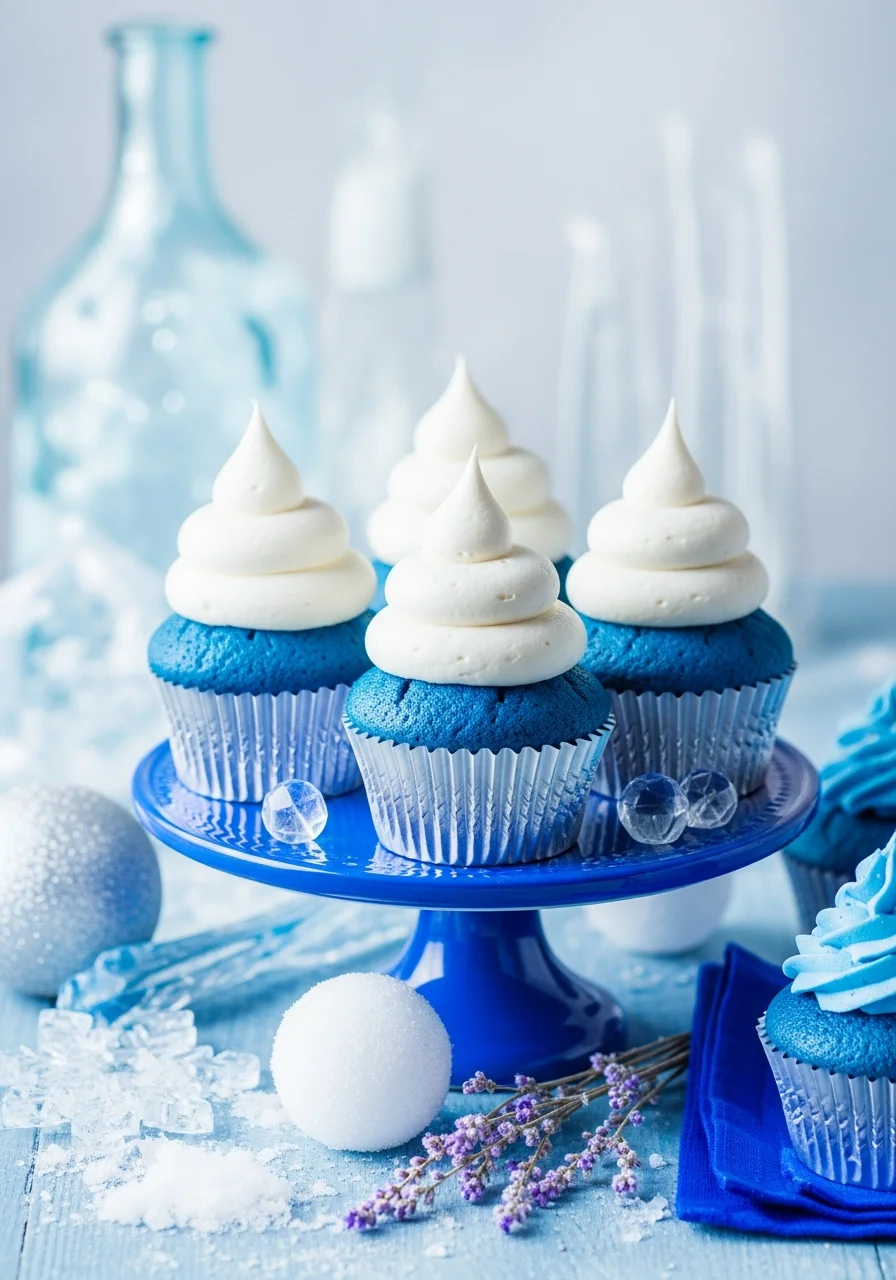 Blue cupcakes with white frosting and silver liners.