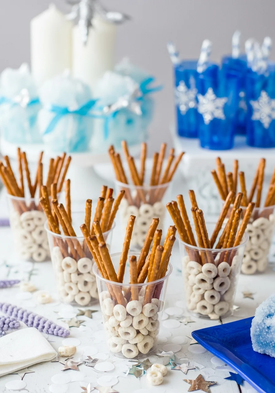 Clear cups containing a sweet and salty snack mix for a party.