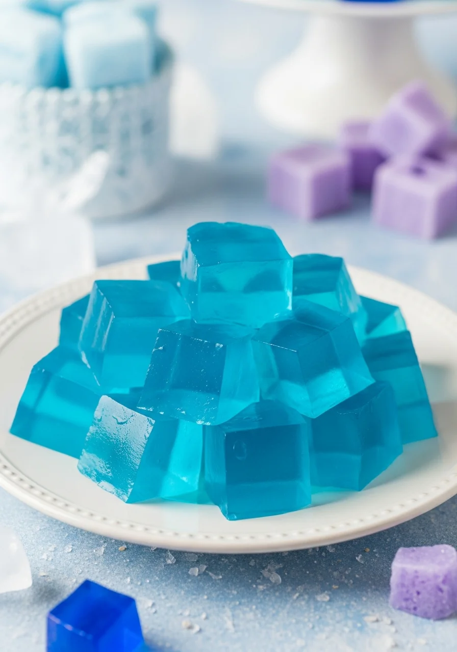 Blue gelatin cubes resembling blocks of ice on a white plate.