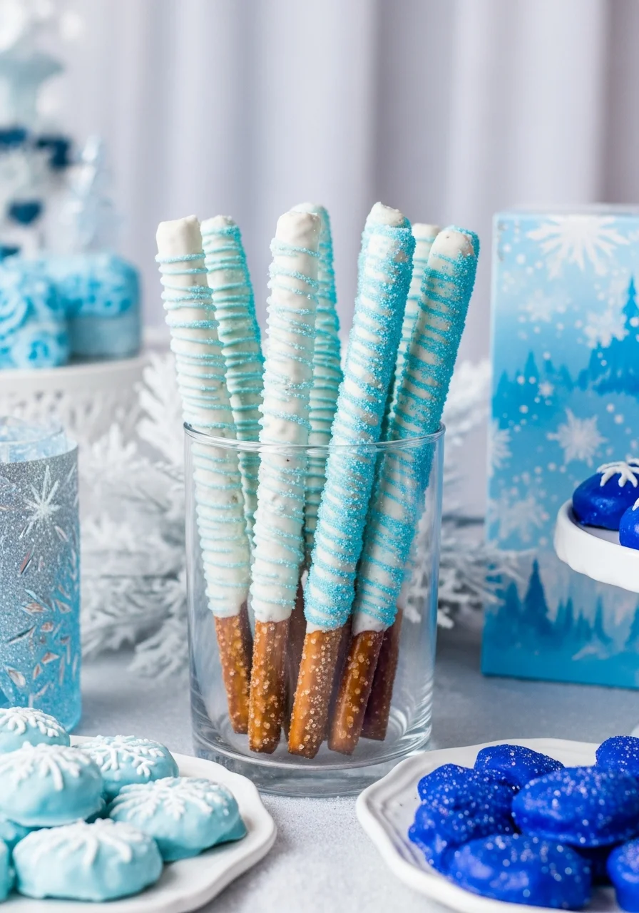 White chocolate pretzels with blue sugar in a glass vase.