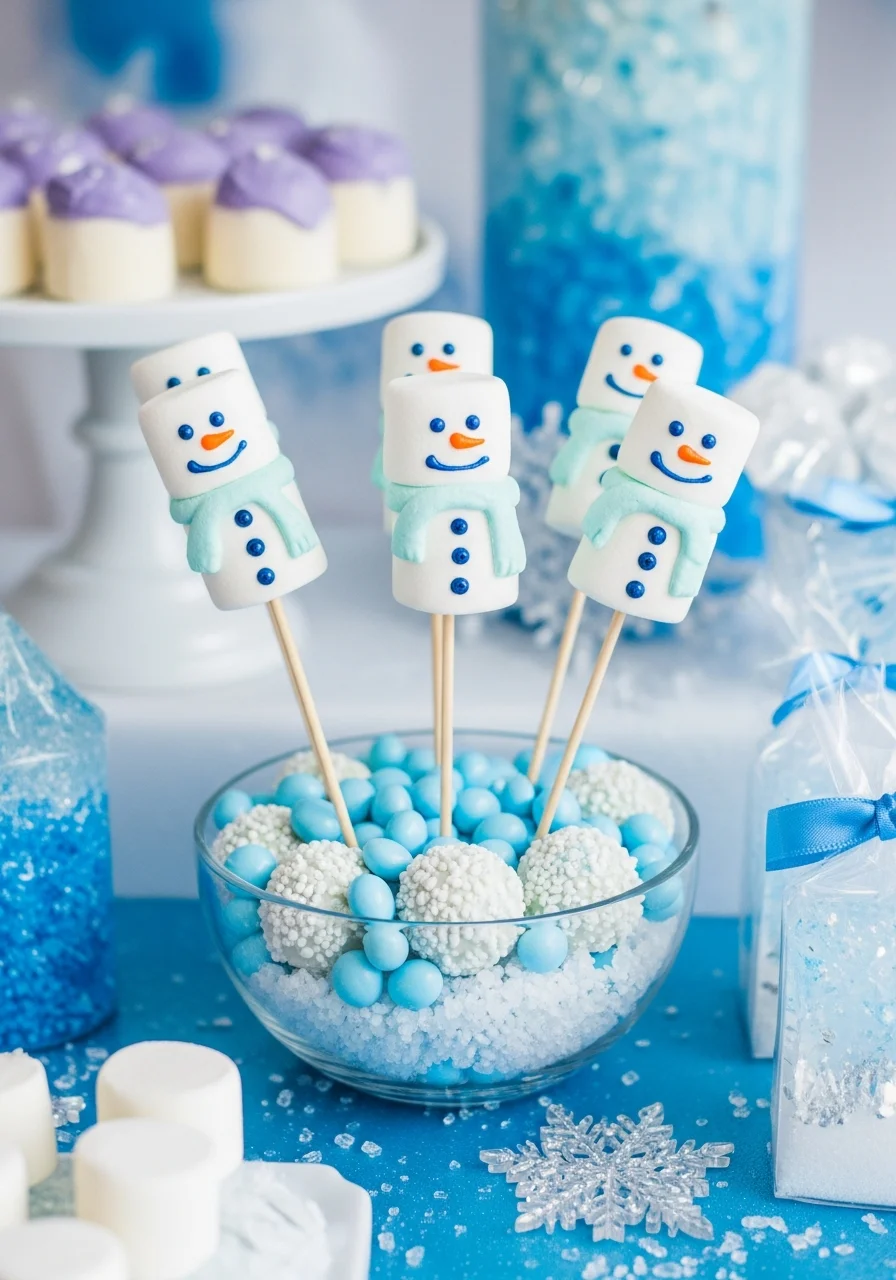 Snowmen made of marshmallows on sticks.