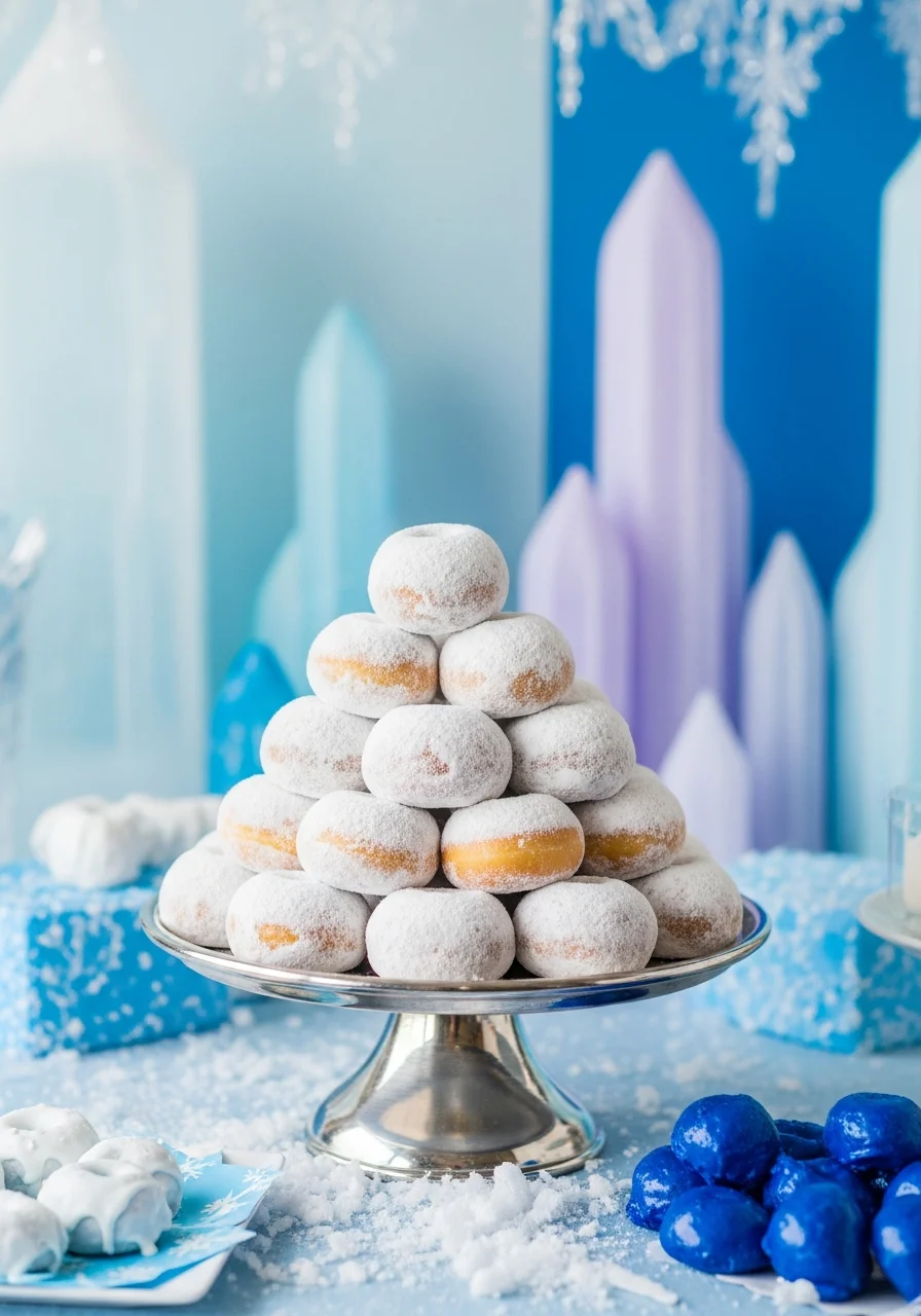 A stack of mini powdered donuts on a silver stand.