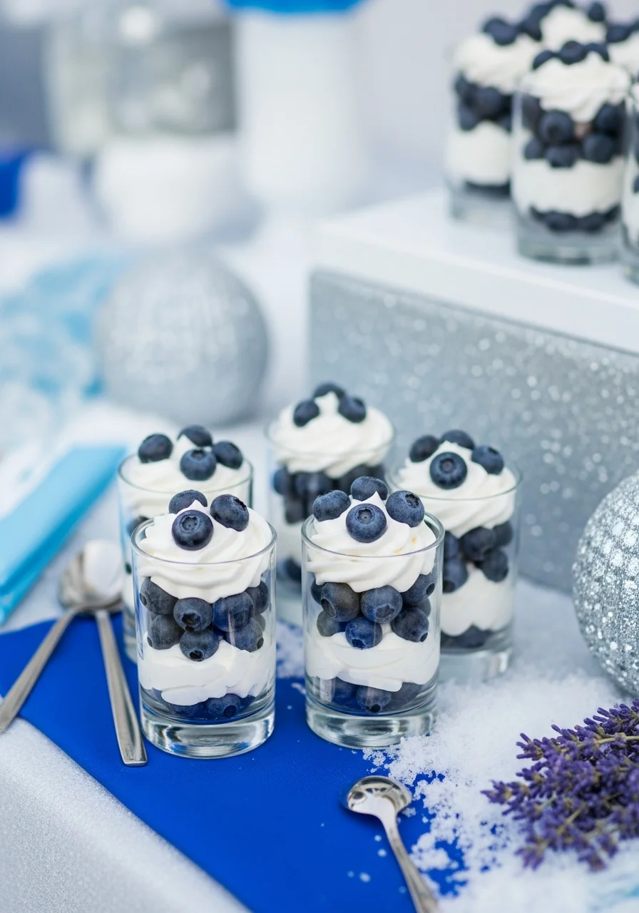 Blueberry and whipped cream parfaits in small glasses.