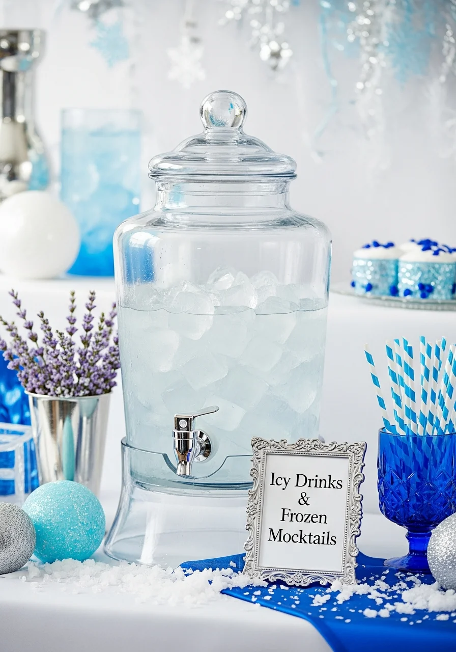 A water dispenser with ice cubes and a silver label.