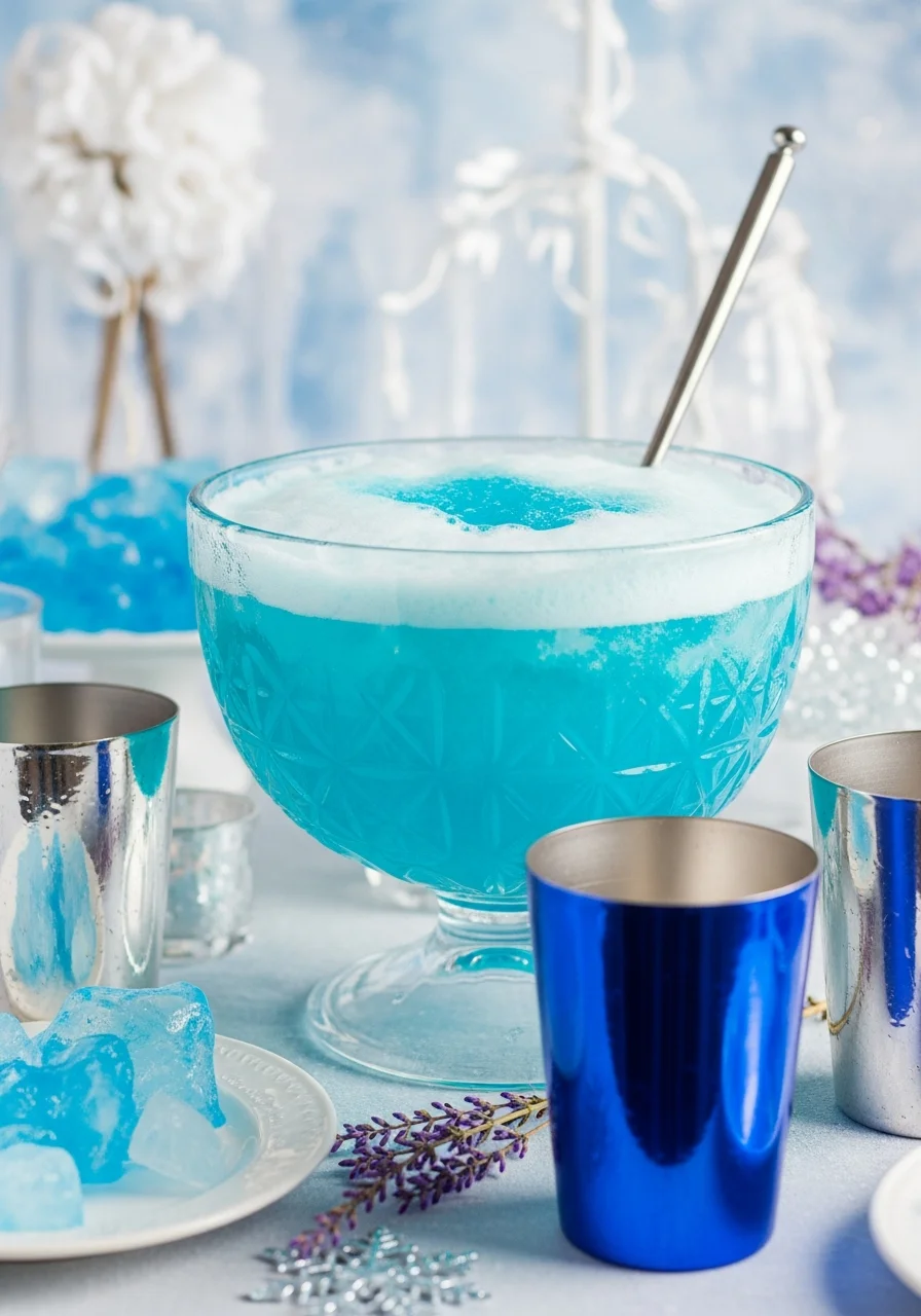 Blue party punch with white foam in a glass bowl.