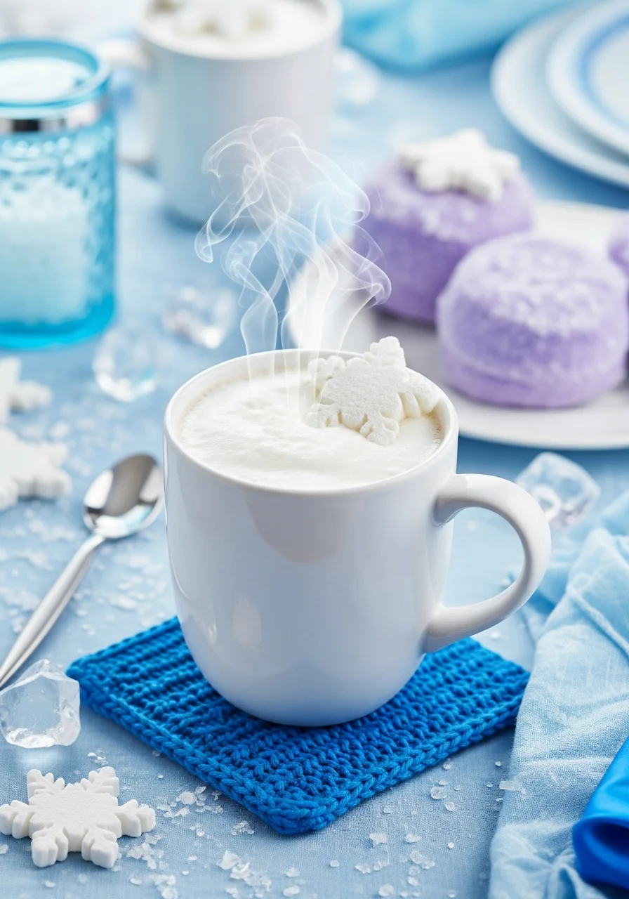 White hot chocolate with a snowflake marshmallow in a white mug.