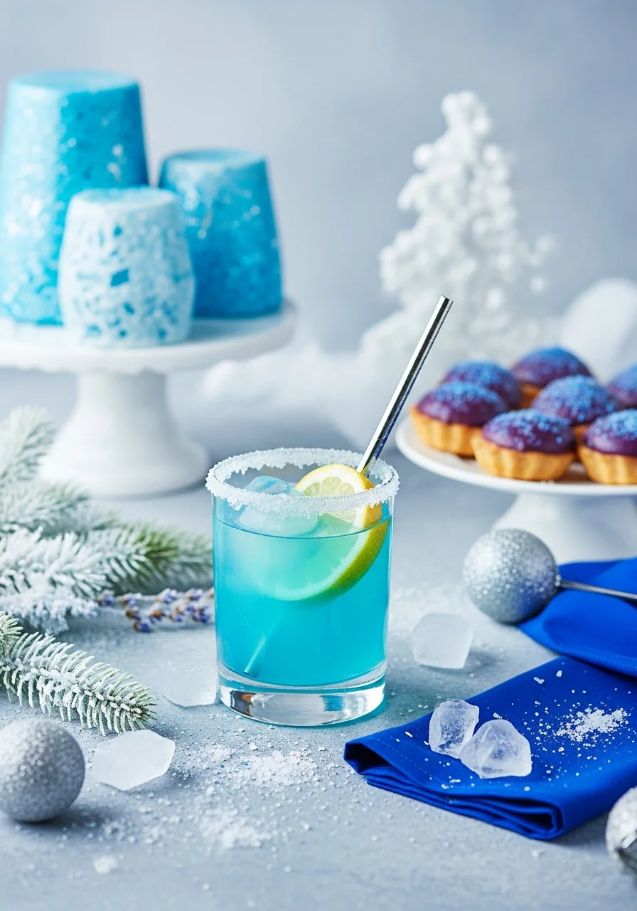 Blue lemonade in a sugar-rimmed glass with a silver straw.