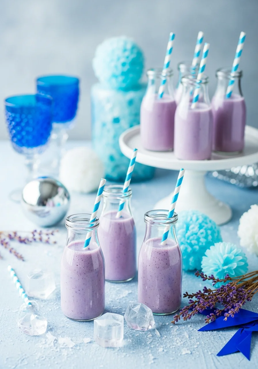 Lavender smoothies in glass bottles with blue straws.