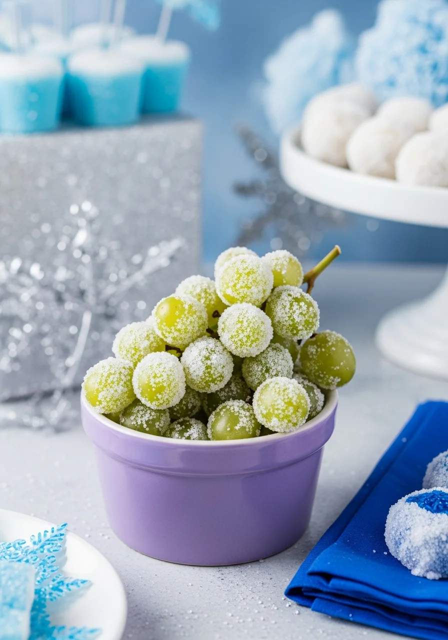 Sugared grapes resembling frosted fruit in a lavender bowl.