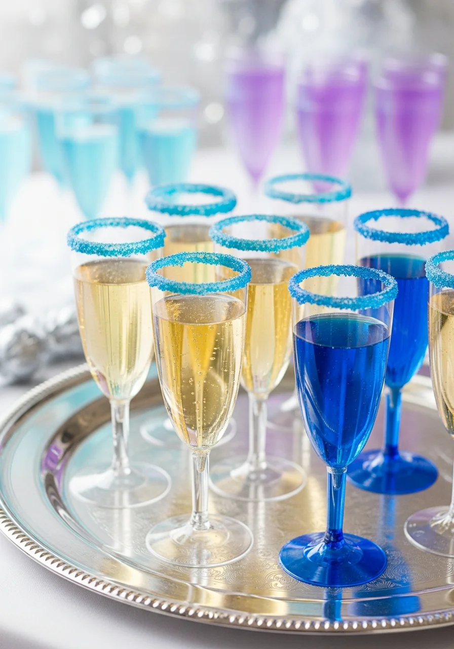 Sparkling cider in flutes with blue sugar rims on a tray.