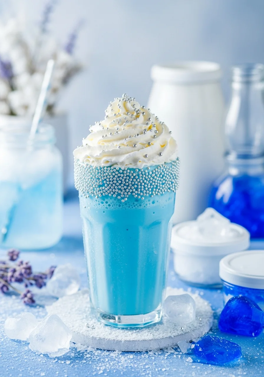 Blue vanilla milkshake with whipped cream and silver sprinkles.