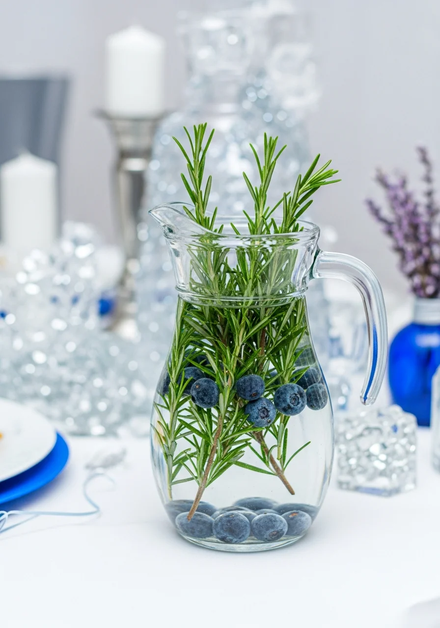 Infused water with rosemary and blueberries in a glass pitcher.