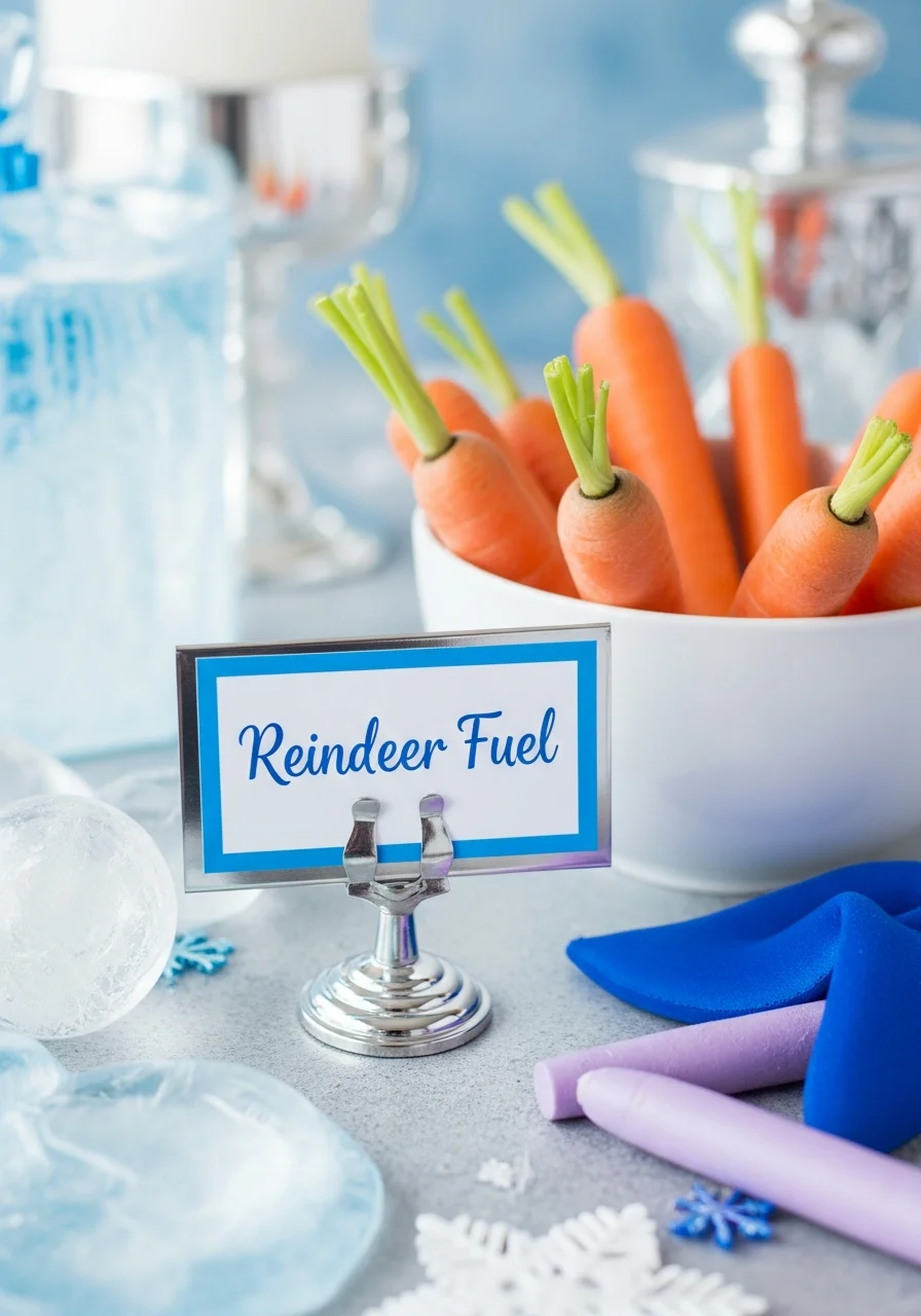 A silver card holder with a blue label next to carrots.