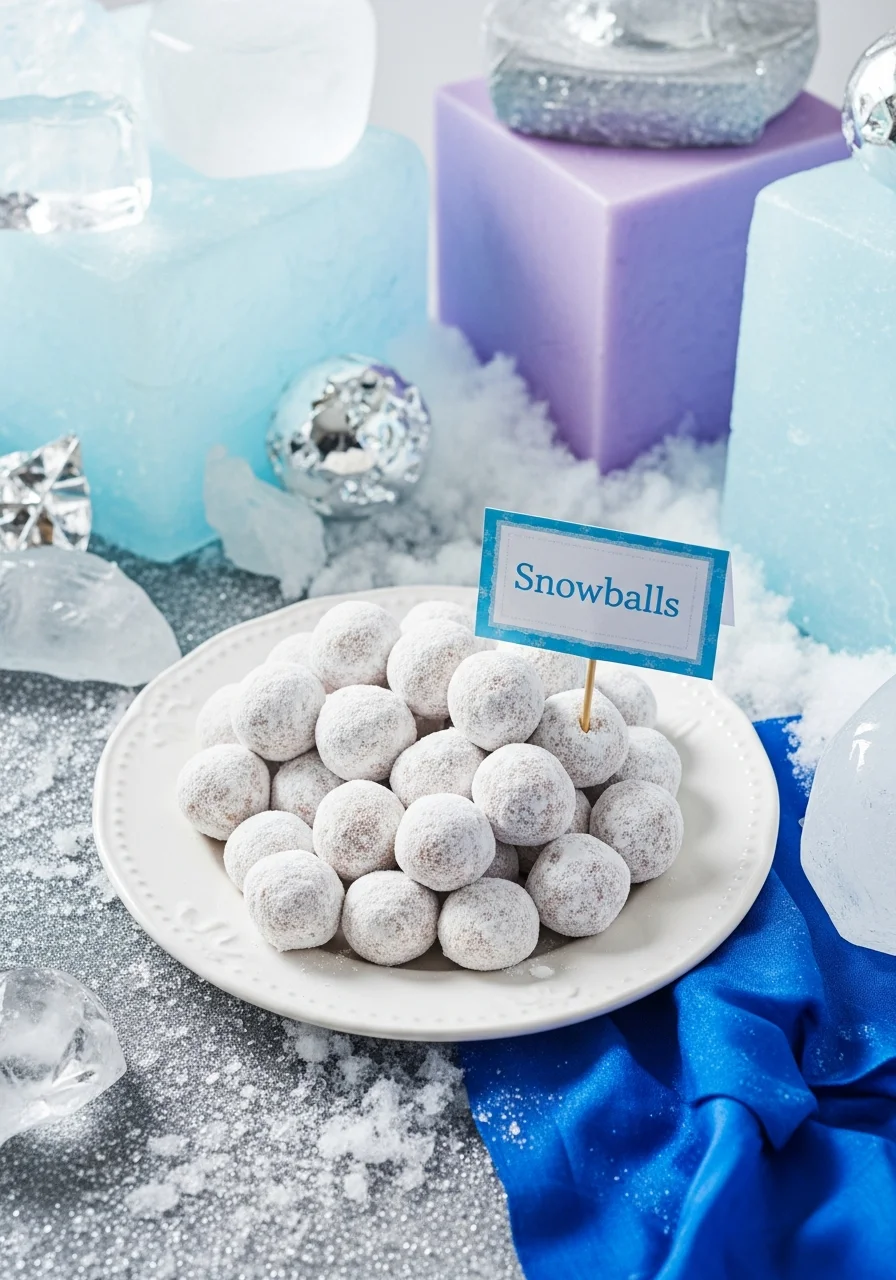 Donut holes on a plate with a sign labeled 'Snowballs'.