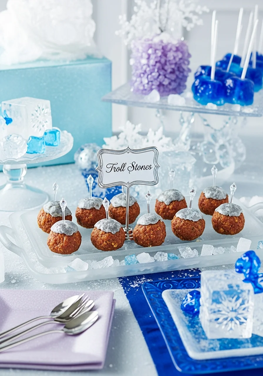 Meatballs on a tray with a sign labeled 'Troll Stones'.