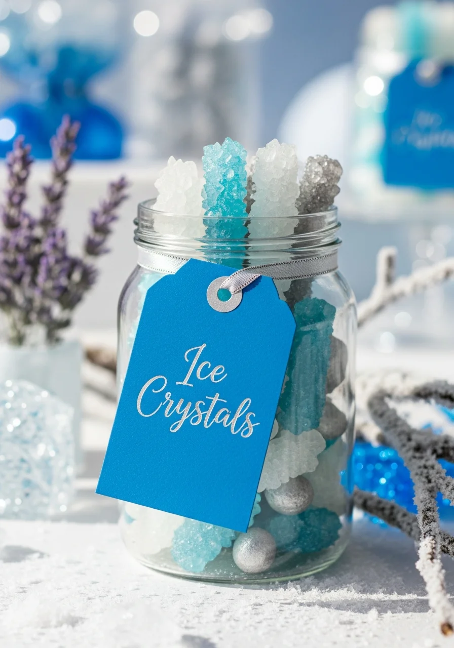 Rock candy in a jar with a tag labeled 'Ice Crystals'.