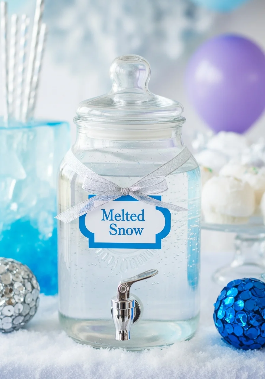 A beverage dispenser with a label that reads 'Melted Snow'.