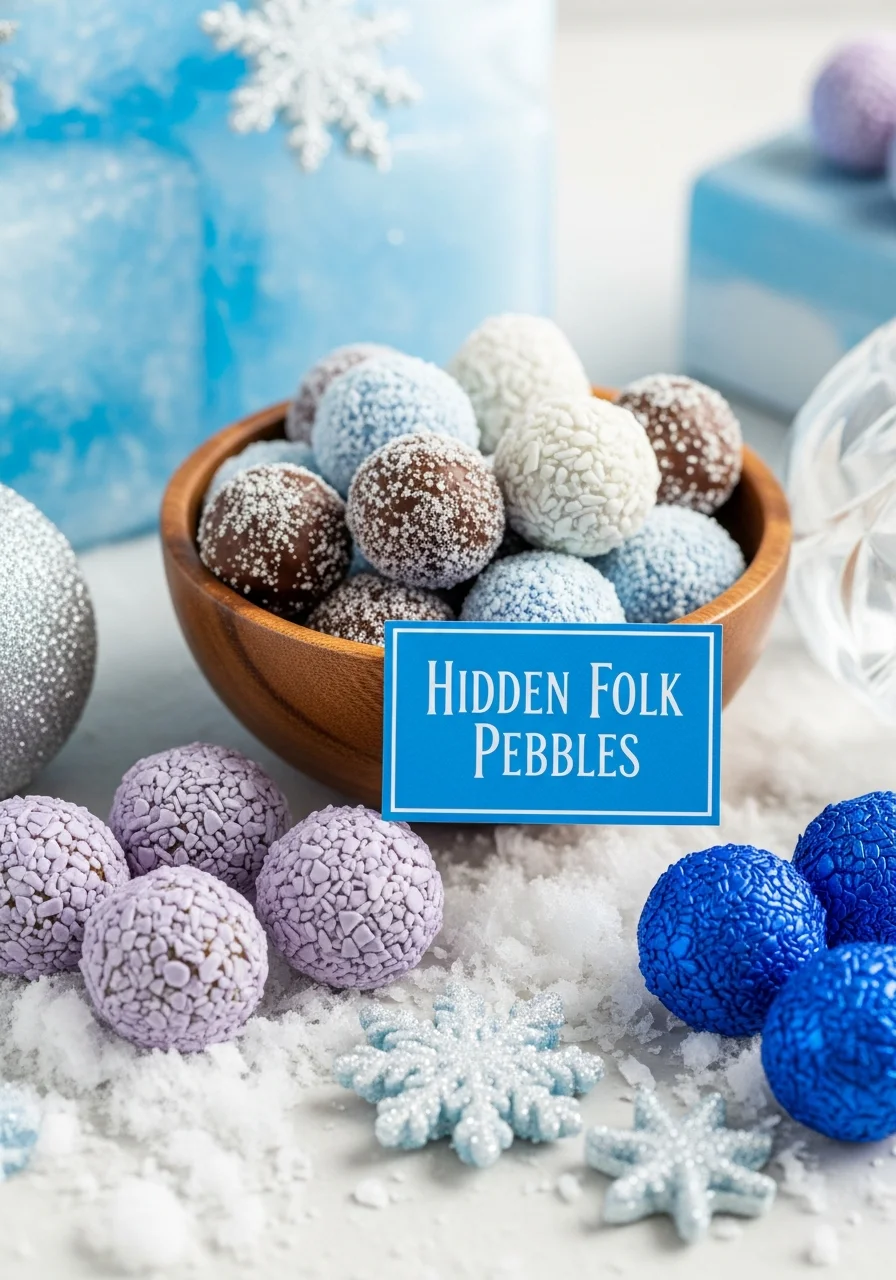 Chocolate truffles in a wooden bowl with a themed label.