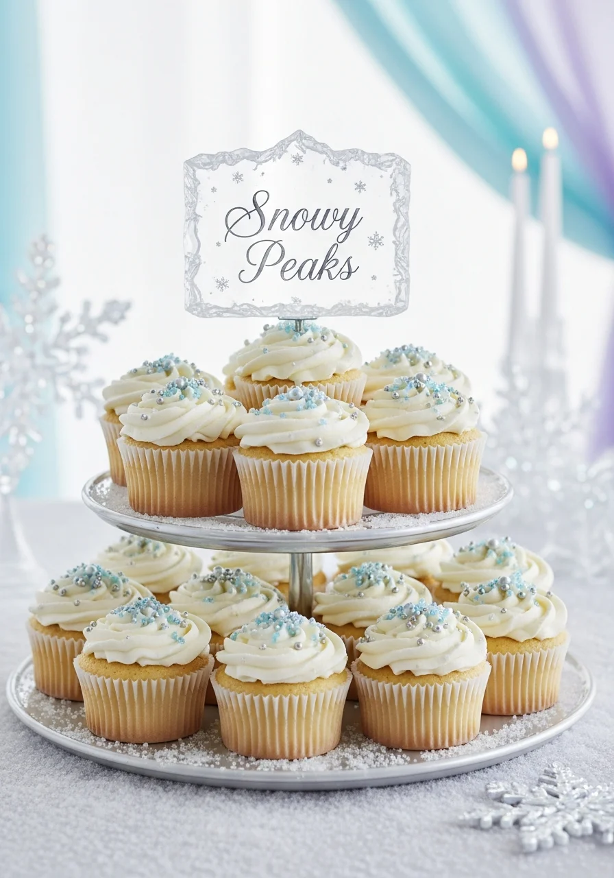 A tiered stand of cupcakes with a sign labeled 'Snowy Peaks'.