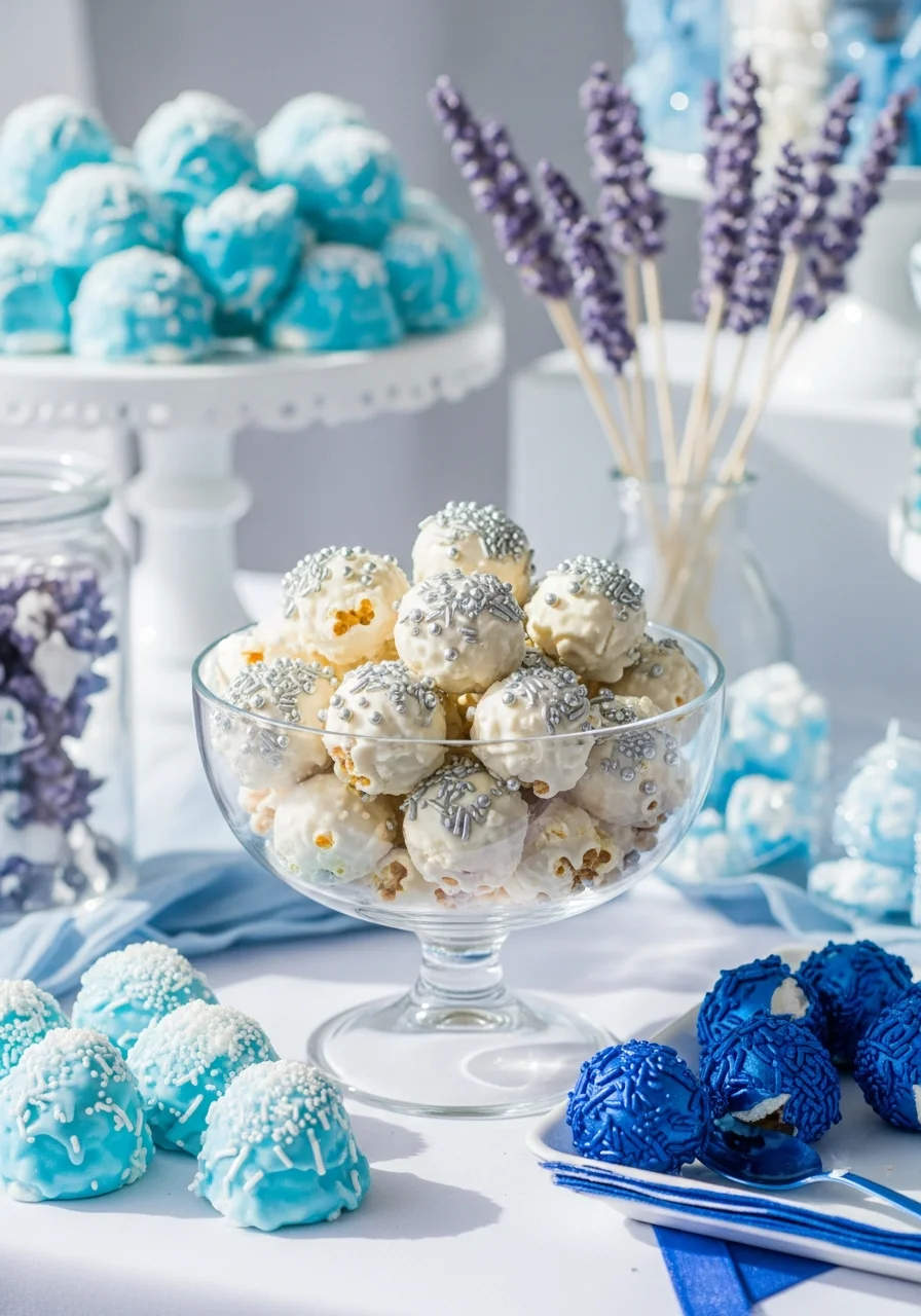 White chocolate popcorn with silver edible pearls in a glass bowl.