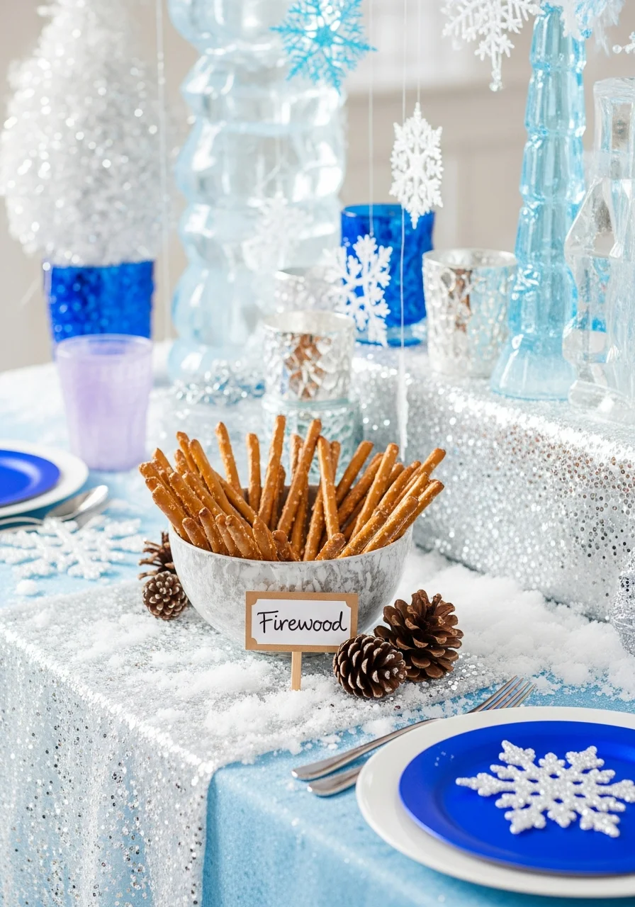 Pretzel sticks in a bowl with a sign labeled 'Firewood'.