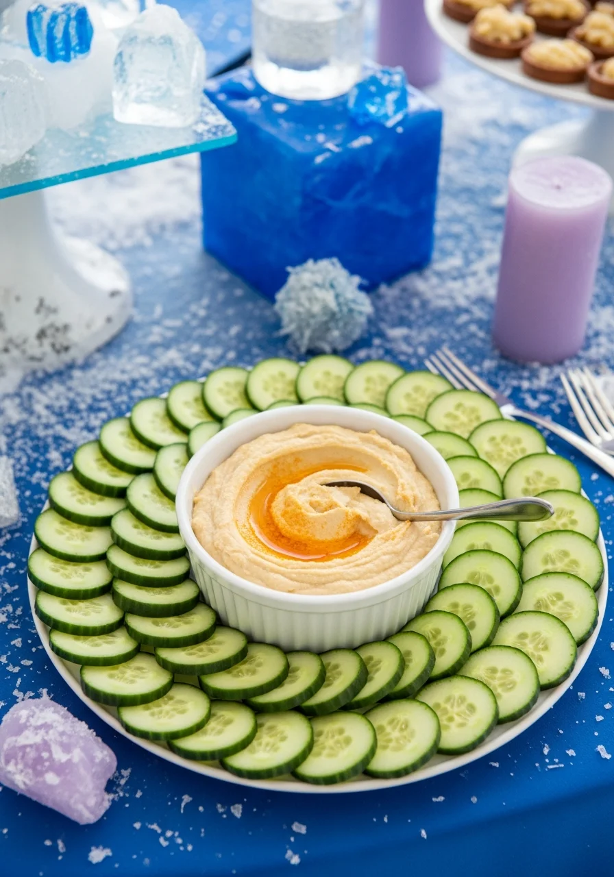 Sliced cucumbers surrounding a white dip on a blue background.