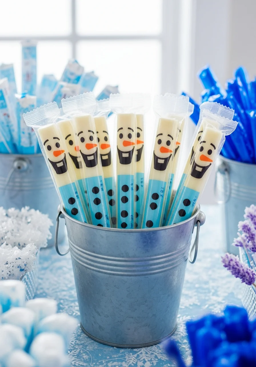 String cheese sticks with snowman faces drawn on the wrappers.