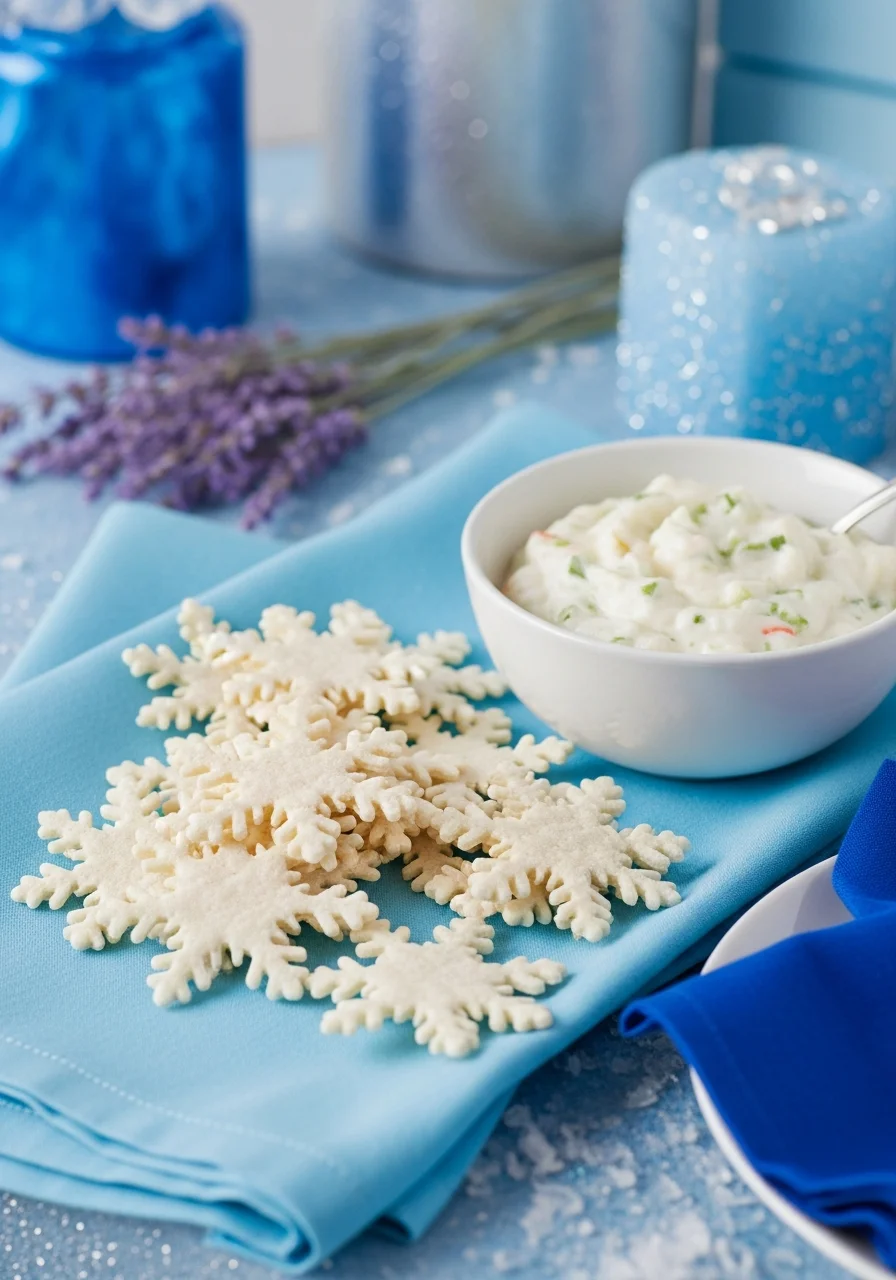 Baked flour tortilla snowflakes on a blue napkin.