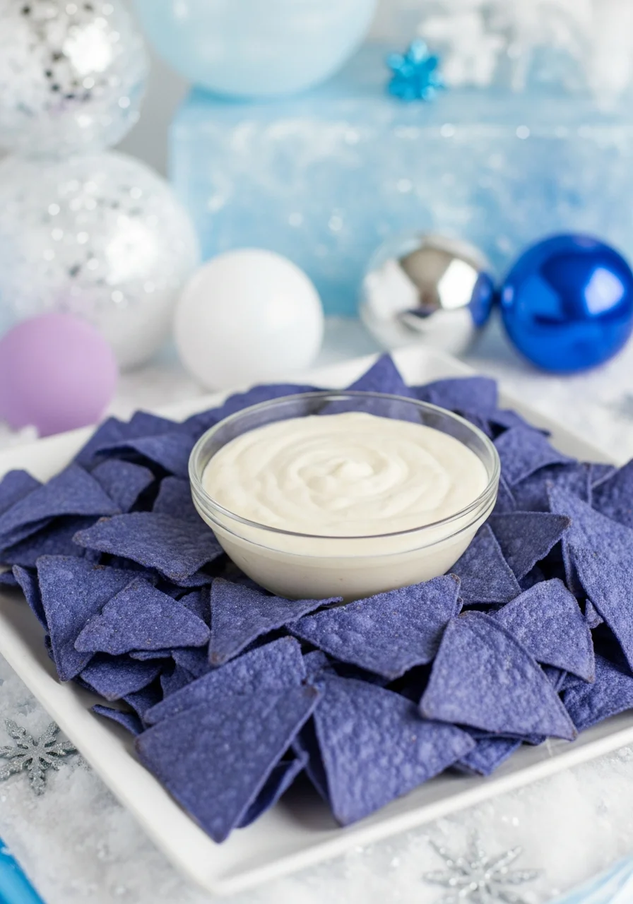 Blue corn chips with white cheese dip on a white platter.