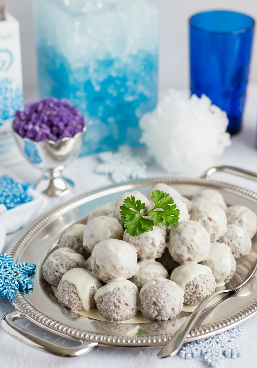 Meatballs in white cream sauce on a silver serving platter.