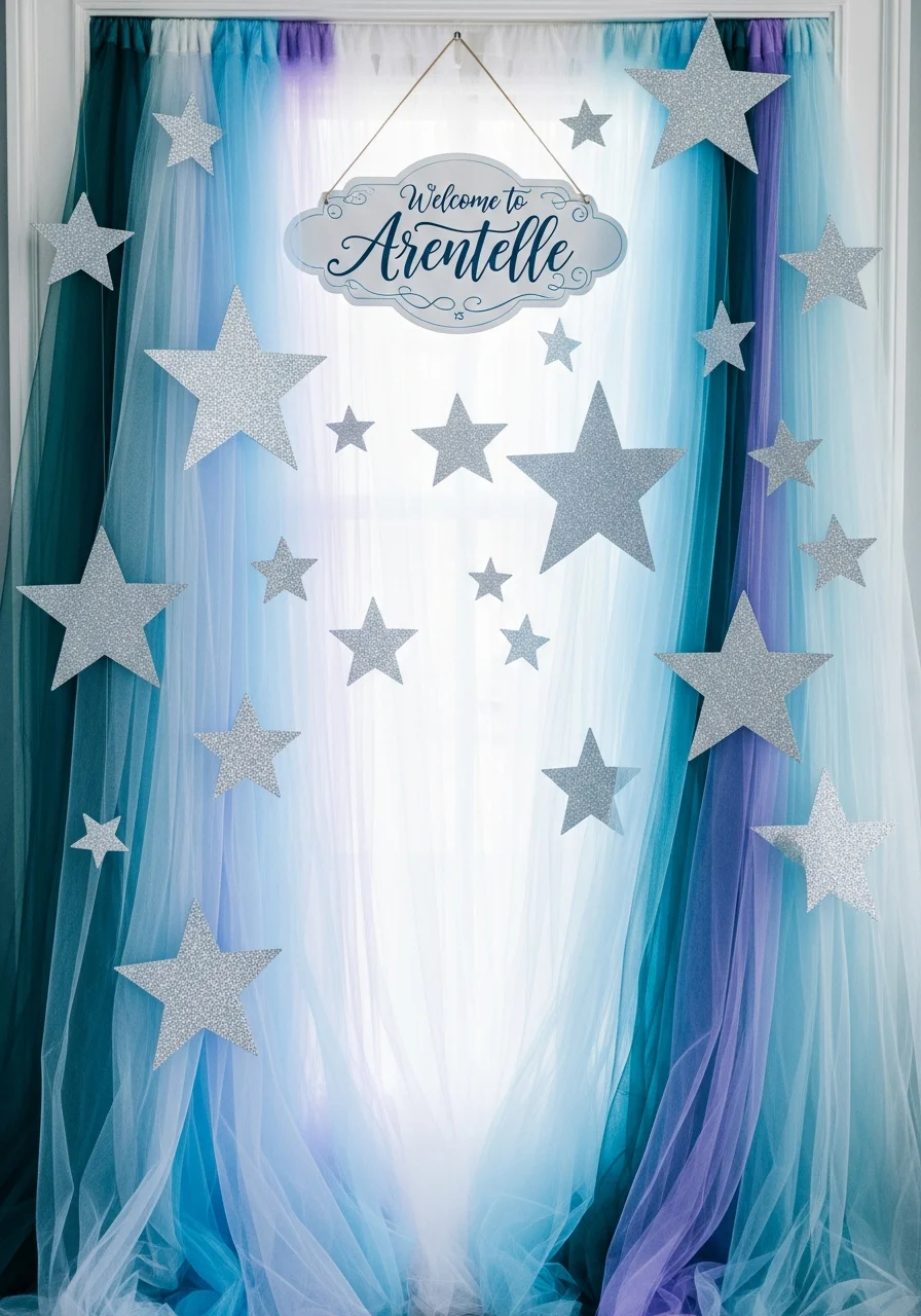 A doorway draped in blue and white tulle with silver star accents and a welcome sign.