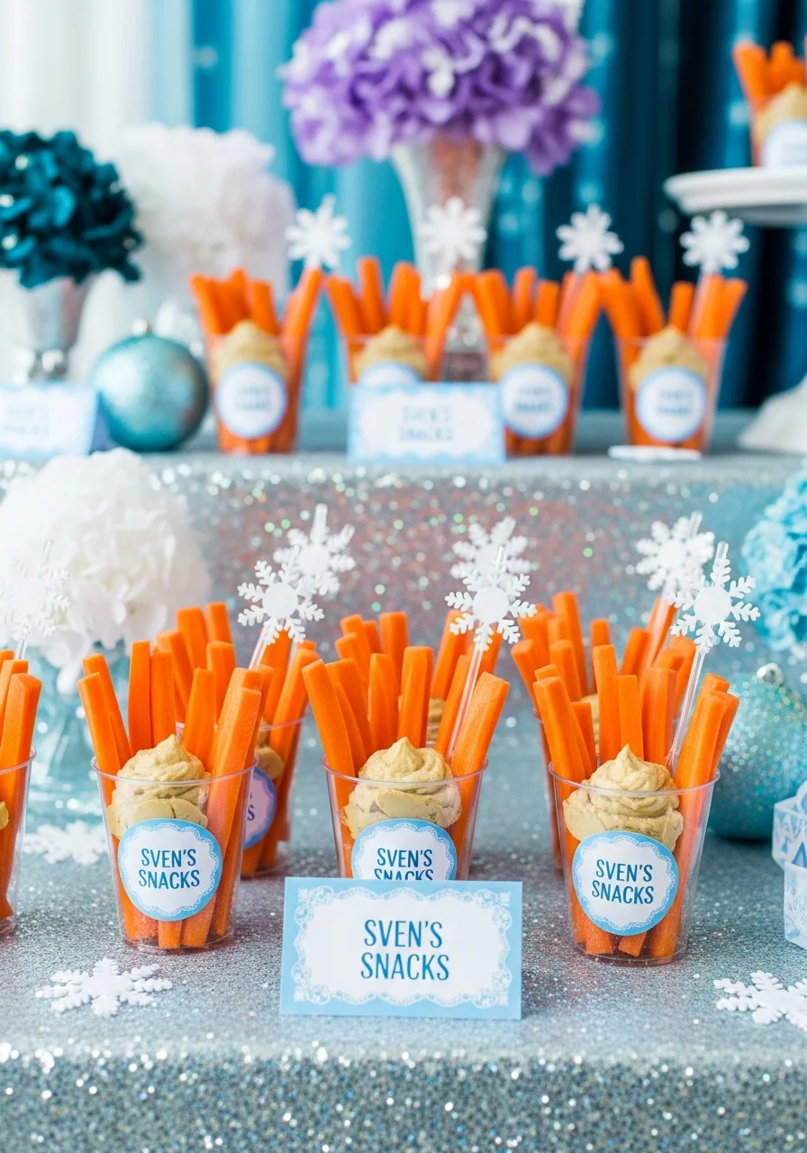 Carrot sticks and hummus in cups with a Sven label.