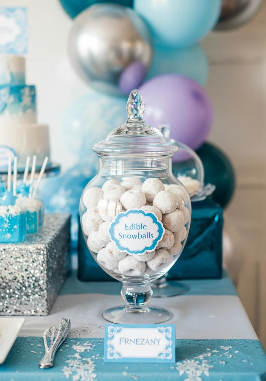 A glass jar filled with powdered donut holes labeled as snowballs.