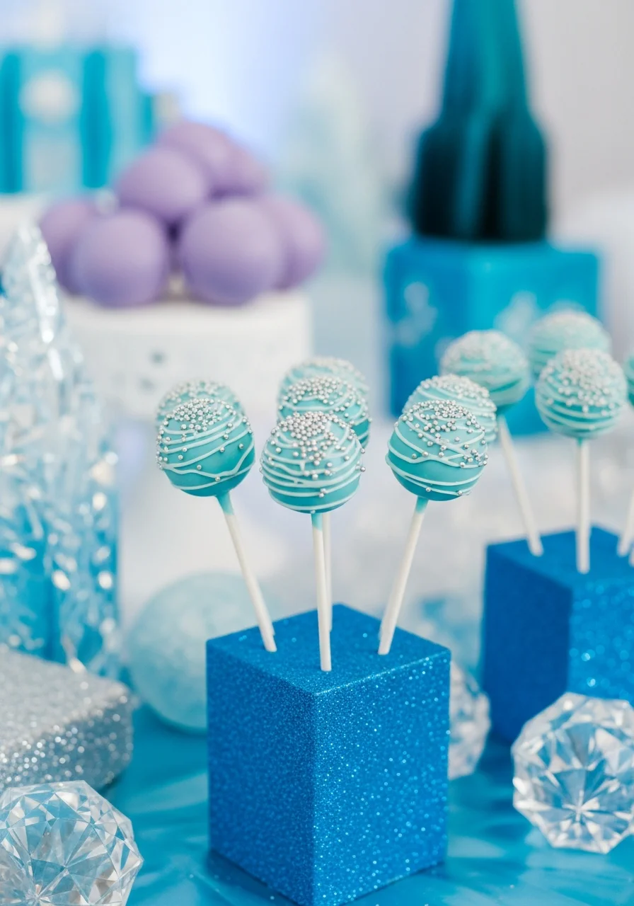 Blue and silver cake pops arranged in a glittery stand.