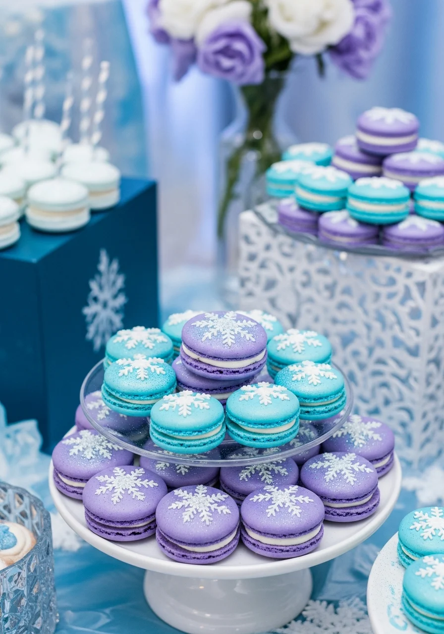 Lavender and blue macarons with silver snowflake designs.