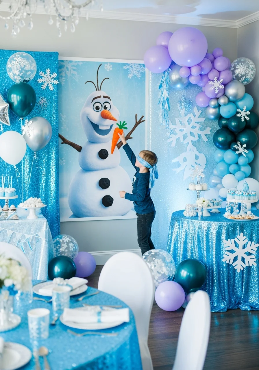A child playing a pin-the-nose game with a snowman poster.