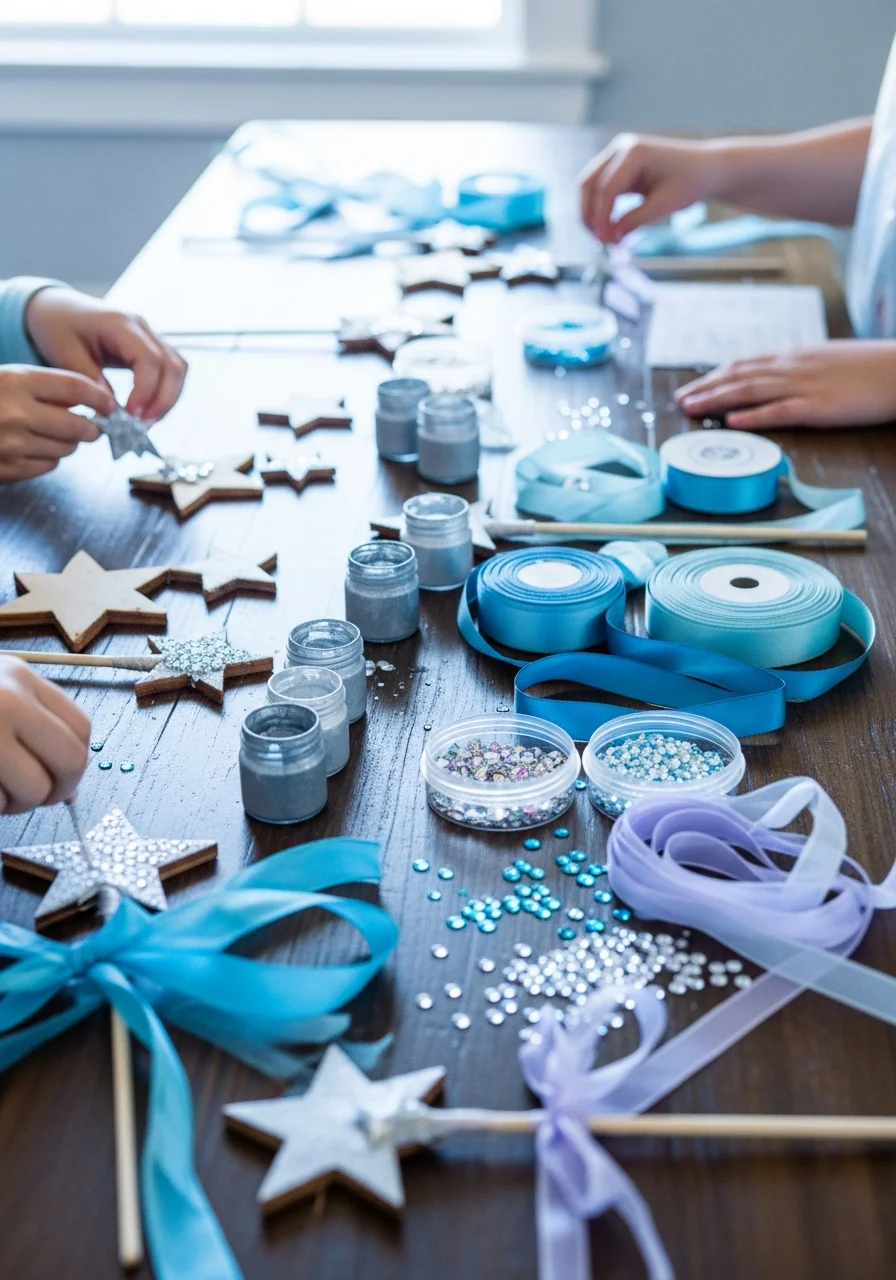 A craft table with wand-making supplies and finished wands.