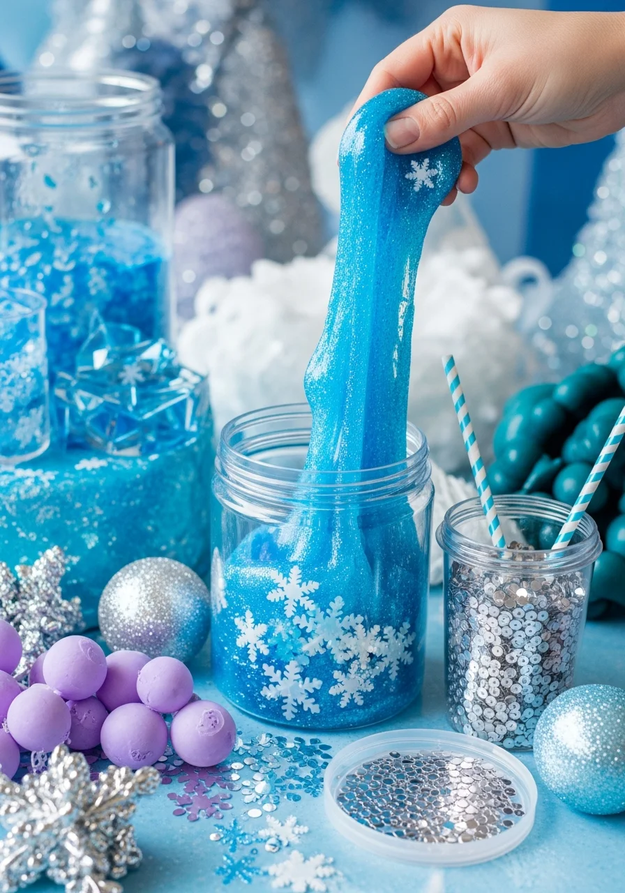 Blue glitter slime being mixed with snowflake charms.
