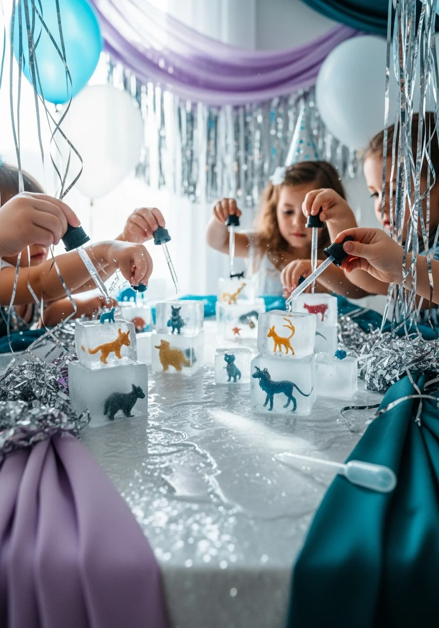 Children using droppers to melt toys out of ice blocks.