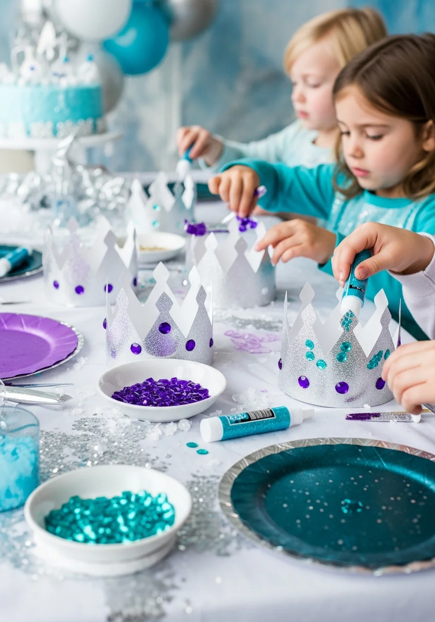 Silver crowns being decorated with colorful plastic gems.
