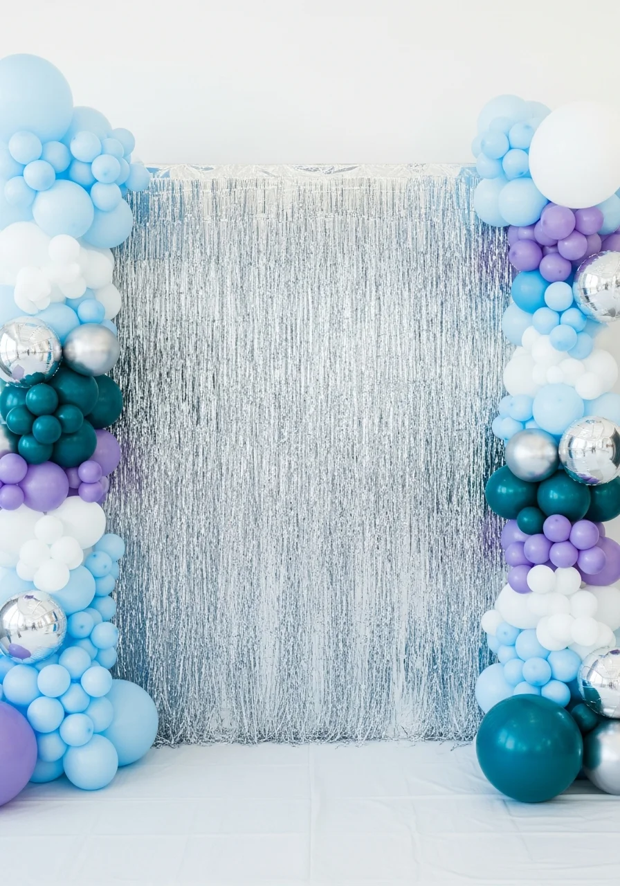 A silver tinsel backdrop with white balloon columns on the sides.