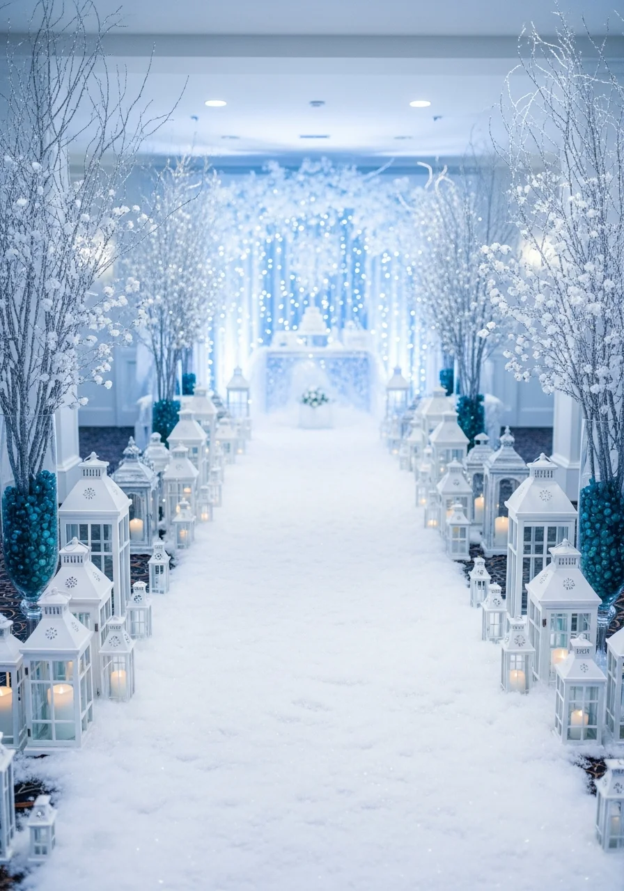 A white walkway with faux snow, lanterns, and silver branches.