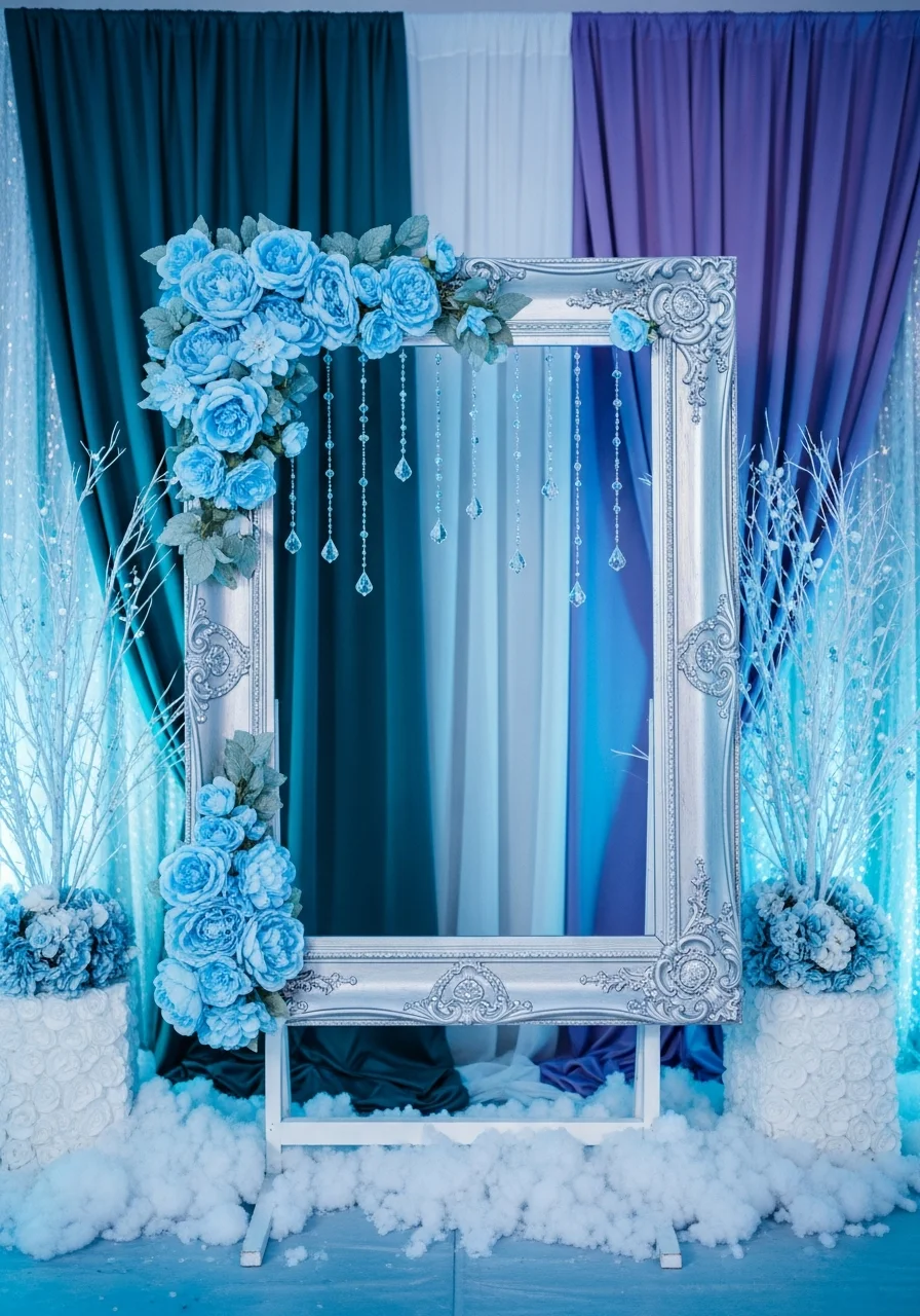 A silver picture frame decorated with blue flowers for photos.
