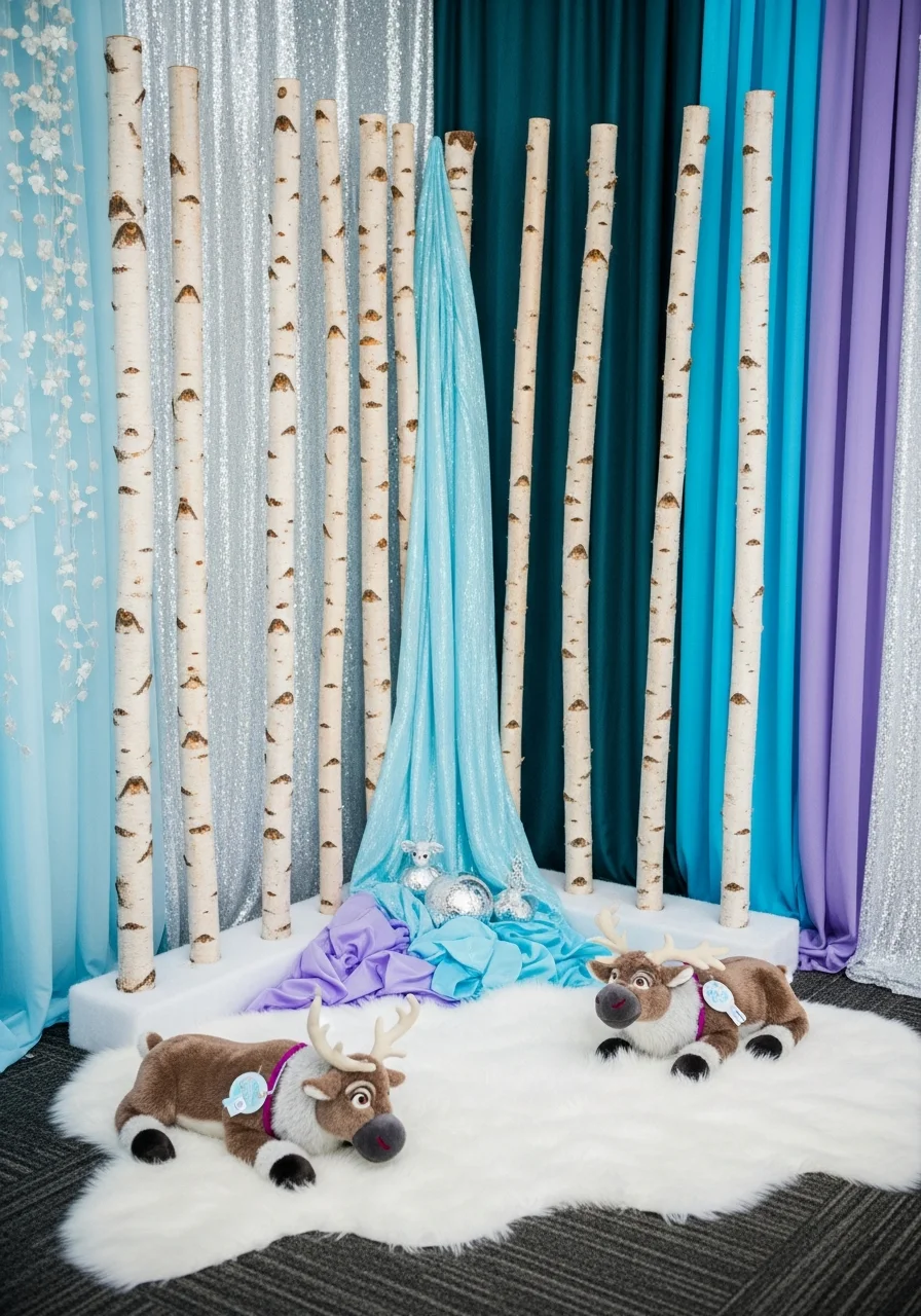 A photo area with birch logs, a white fur rug, and plush reindeer.