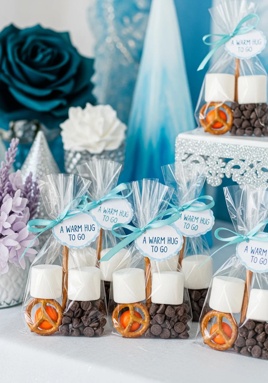 Cellophane bags with snowman-making ingredients inside.