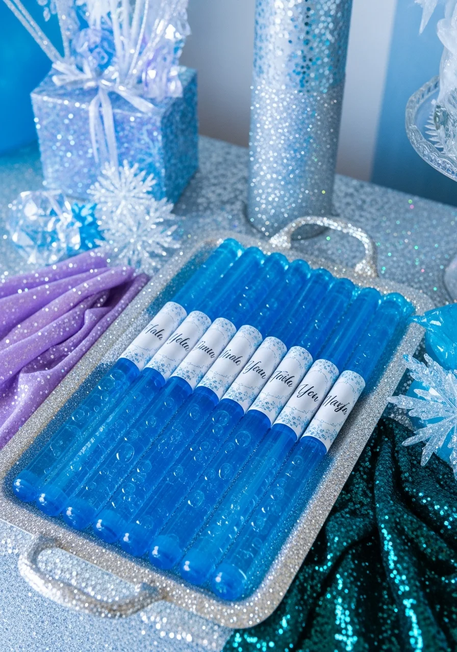 Blue bubble wands with snowflake labels and names.
