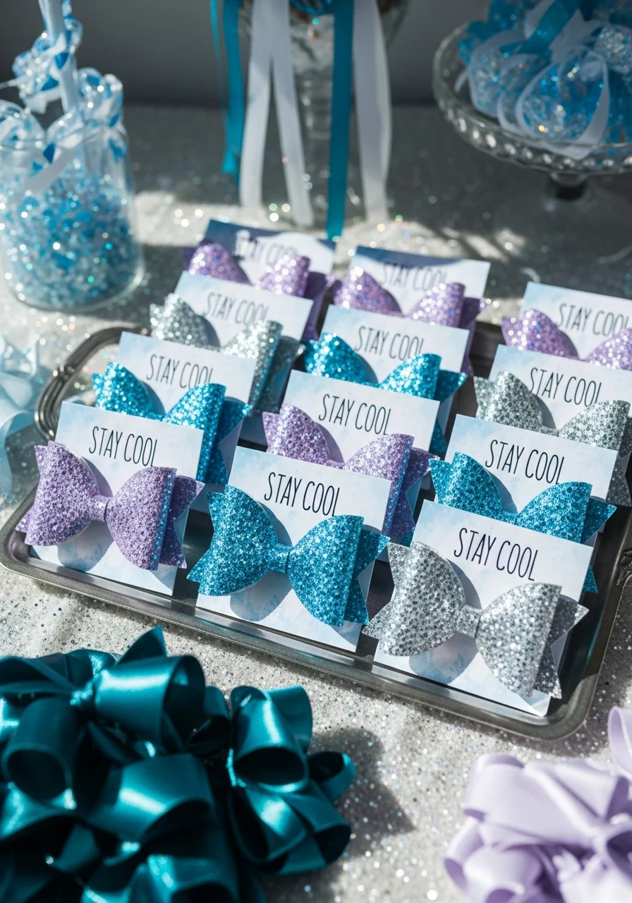 Glittery hair bows on a card that says Stay Cool.
