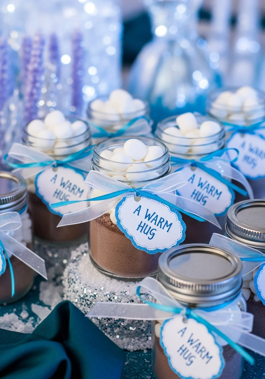 Glass jars of cocoa mix with blue ribbons and a warm hug tag.