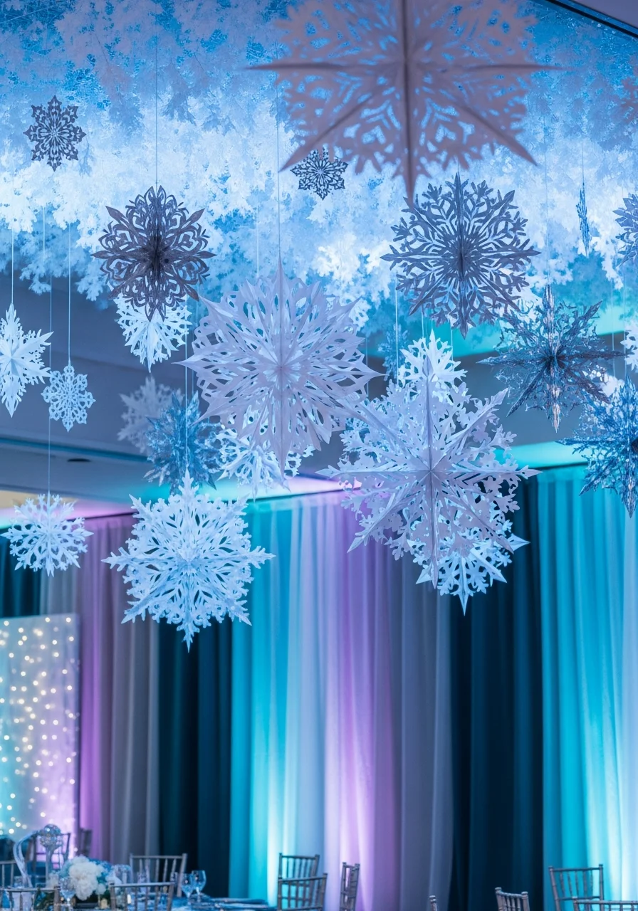Intricate paper snowflakes hanging from a ceiling with blue light.
